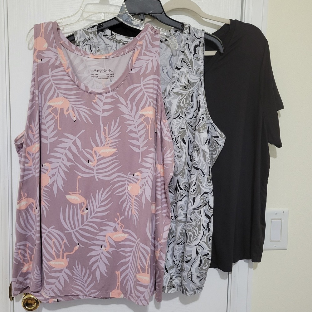 AnyBody Loungewear Womens 2XP 3 Piece Top Bundle Flamingo Paisley Black